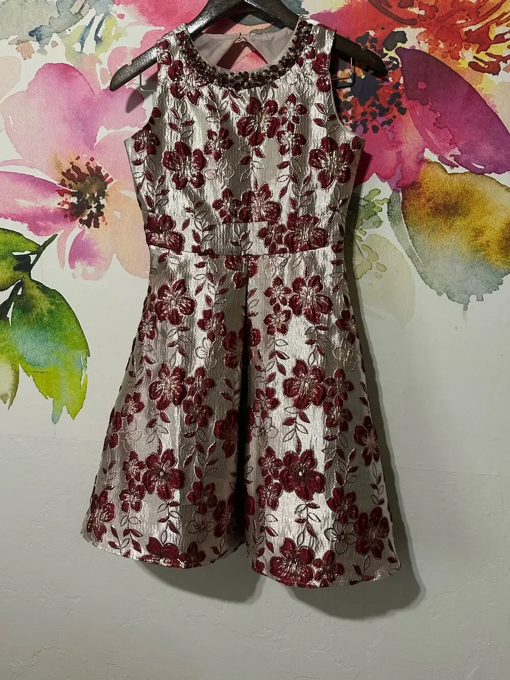 Rare Edition Kids Girls Dress Sparkling Red Floral Gold Embroidered Stones Sz 16